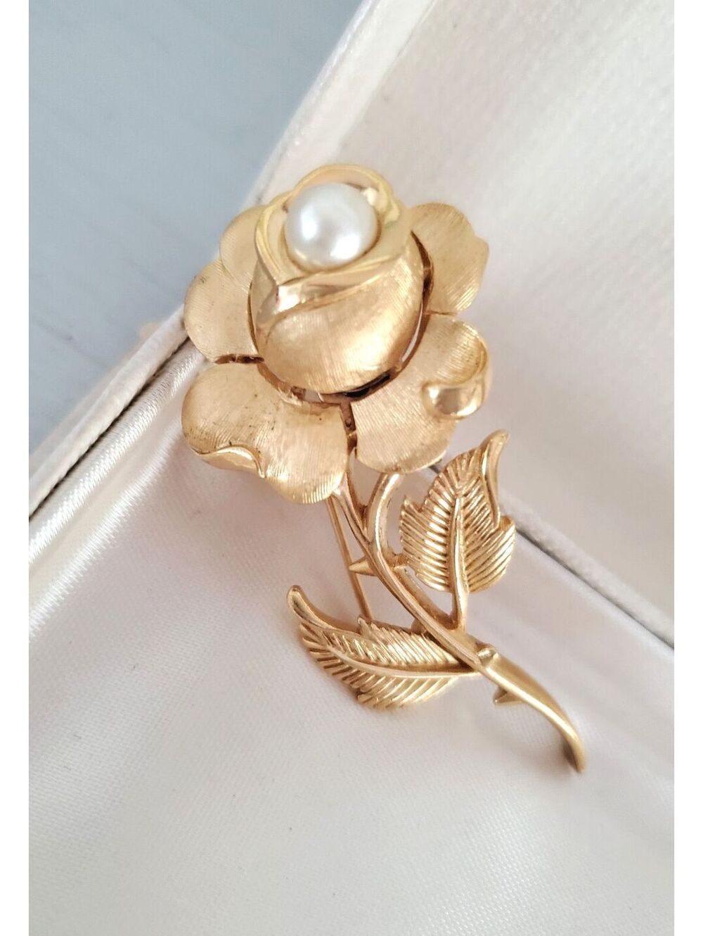 Vintage Crown Trifari Gold Brushed Faux Rose Brooch